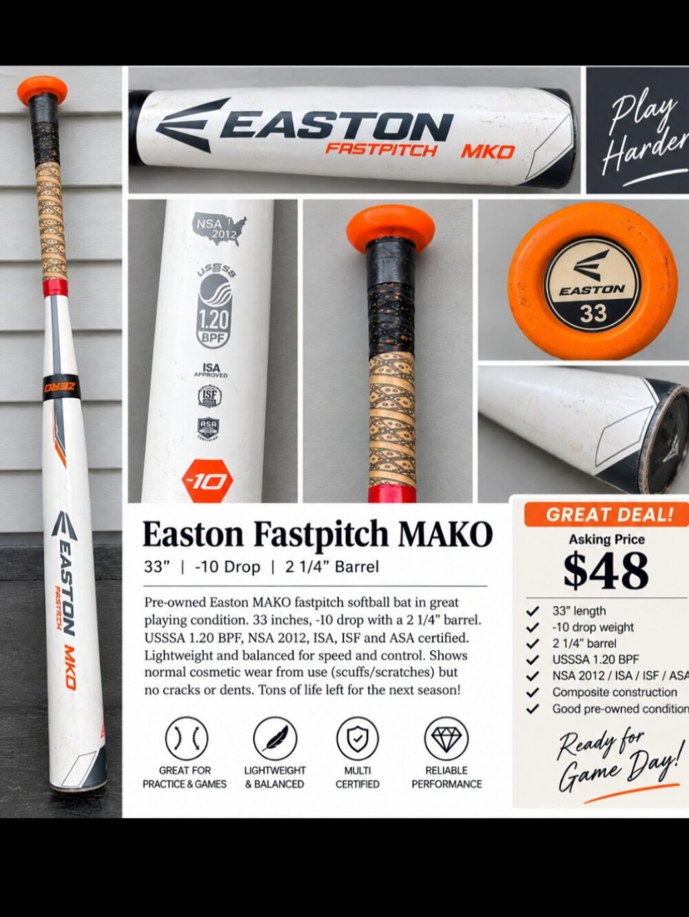 Easton MAKO Fastpitch Softball Bat 33” -10 Drop – Composite